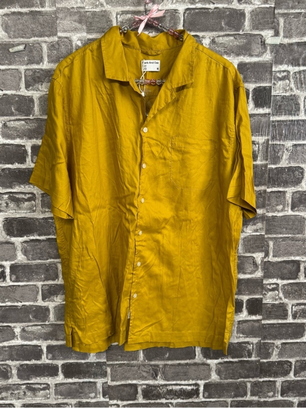 Frank and Oak button down shirt gold yellow short sleeve chest pocket